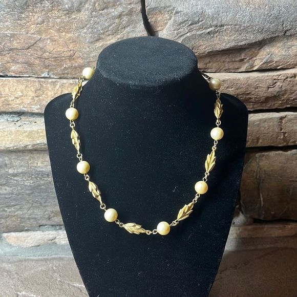 Etruscan Revival Vintage Gold Tone and Faux Pearl Choker Necklace  - Picture 2 of 4